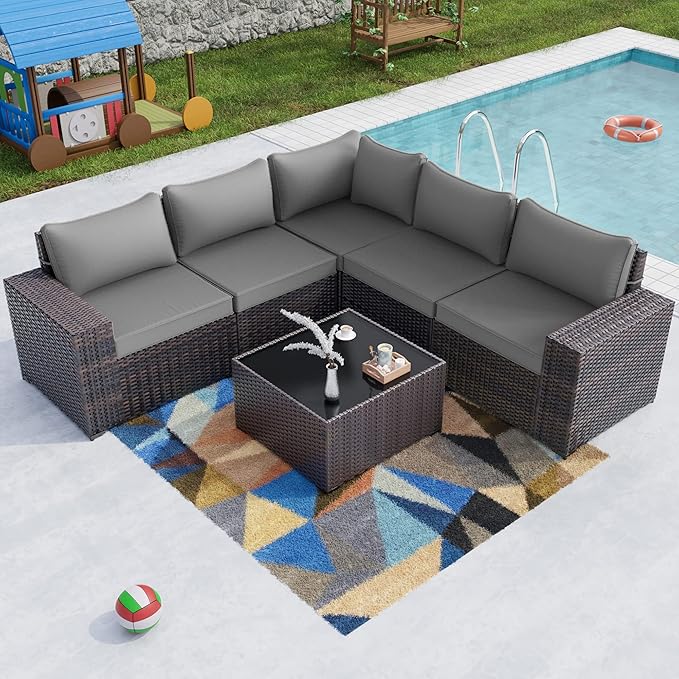 Kullavik Outdoor Patio Furniture Set 6 Pieces Sectional Rattan Sofa Set Brown by KULLAVIK