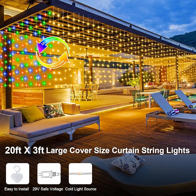ZAIYW Curtain Lights Outdoor 20Ft×3Ft, 300 LED Color Changing Fence String - Image 5