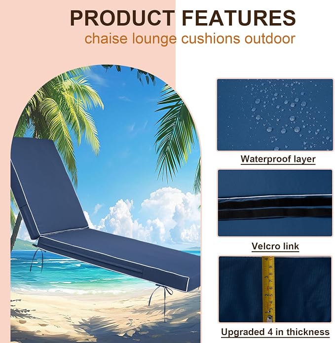 Outdoor Chaise Lounge Cushions, 4 Inch Thick Waterproof Fade Resistant Patio - Image 2