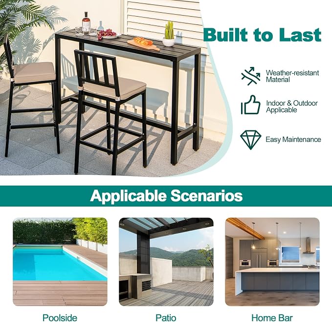 COSTWAY 3 Piece Outdoor Patio Bar Set, Metal Bar Table and Chairs Set - Image 7