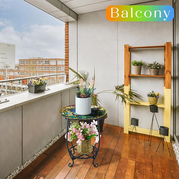 Outdoor Side Table Round Small Mosaic Patio Accent Indoor End Plant Coffee Tea - Image 4