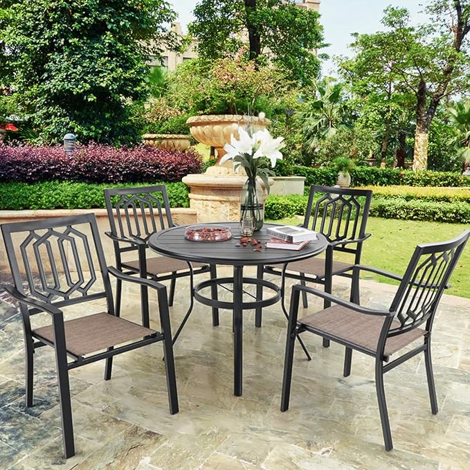 PHI VILLA 38 Inch Outdoor Round Dining Table, Metal Wrought Iron Slat Patio - Image 2