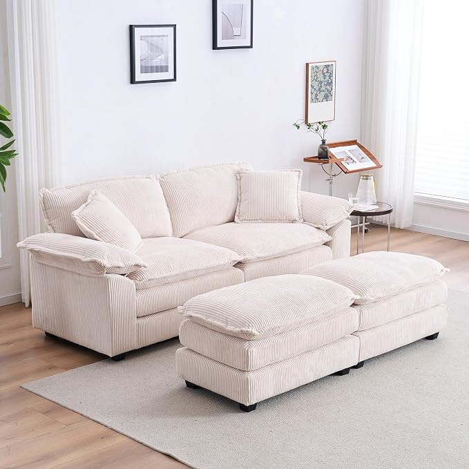 84.6” Corduroy Loveseat with Ottoman, Oversized Double Chaise Lounge Chair - Image 11