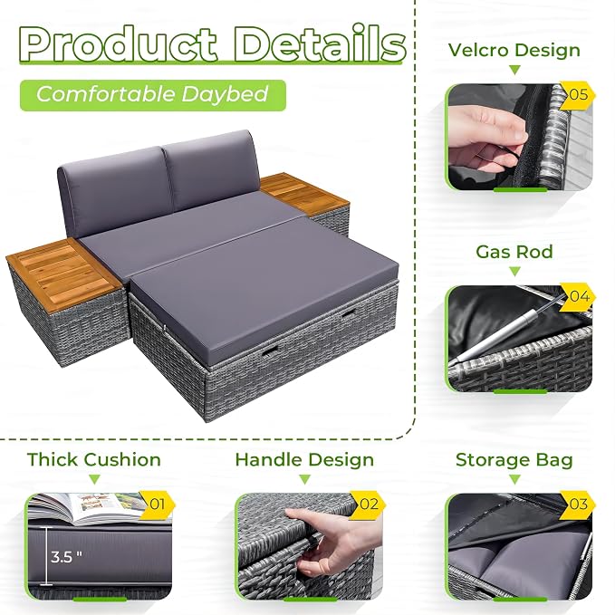 Greesum Outdoor Daybed Set Multifunctional Wicker Lounge Bed Furniture - Image 6