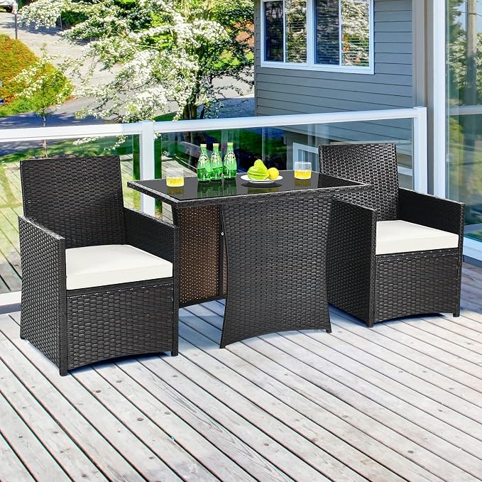 Tangkula 3 Pieces Patio Dining Set, Space-Saving PE Rattan Bistro Set - Image 2