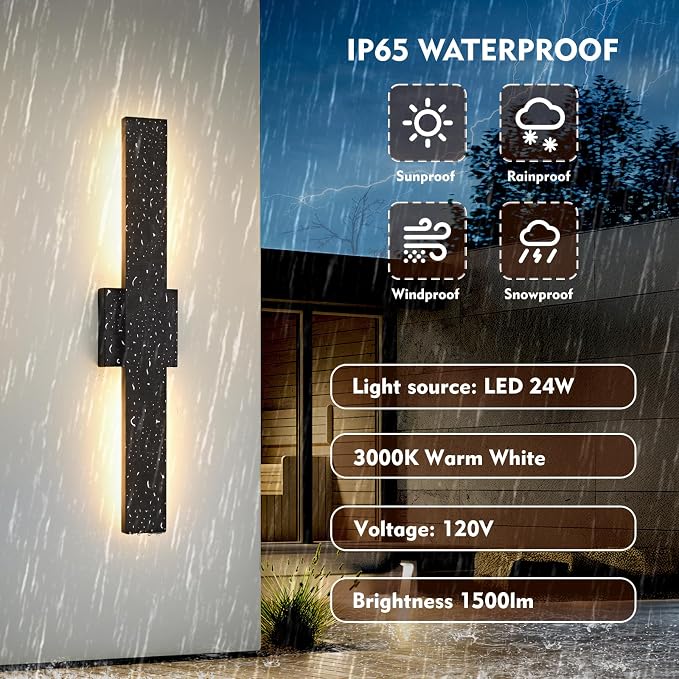 23.6inch Long Outdoor Modern LED Wall Light, 24W Waterproof IP65 Warm White Led - Image 4