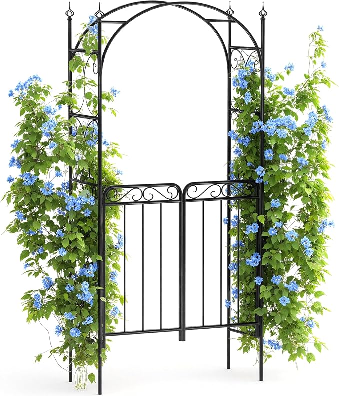 84" Garden Arch Arbor with Gate, Metal Arch Trellis, Garden Archway by GarveeLife