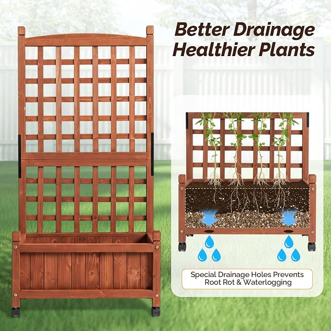VINGLI 2PC Wooden Planter with Trellis, FreeStanding Planter Box with Drainage - Image 5