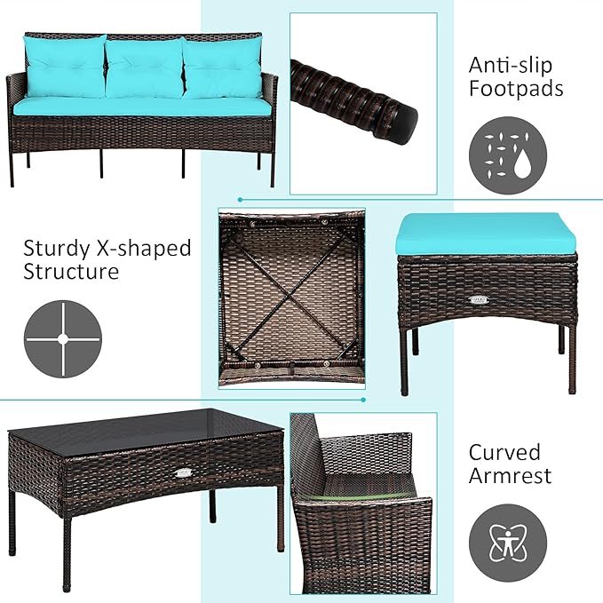 Tangkula 3 Pieces Patio Conversation Set, Outdoor PE Rattan Wicker Furniture - Image 6