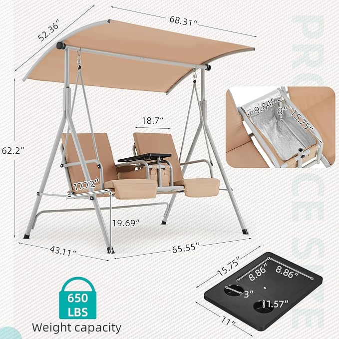 HOMREST 2 Seat Outdoor Porch Swing, Patio Swing - Image 3
