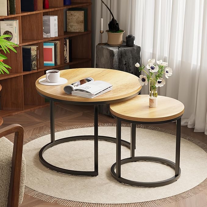 Smuxee Nesting Coffee Table Set of 2, 23.6" Round Coffee Table Brown Wood - Image 3