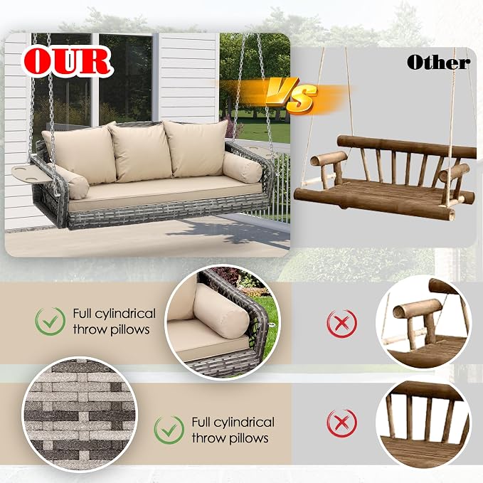 3-Person Hanging Porch Swing, Outdoor Wicker Hanging Swing Chair, 76inch Wicker - Image 2