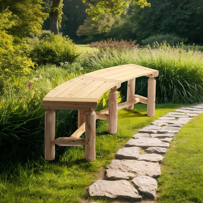 VINGLI Outdoor Bench Wooden Curved Bench, All-Weather Fire Pit Backless Patio - Image 7