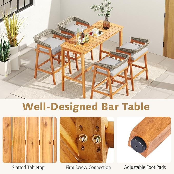 Tangkula 5 Piece Patio Bar Set, Outdoor Acacia Wood Counter Height Table - Image 5