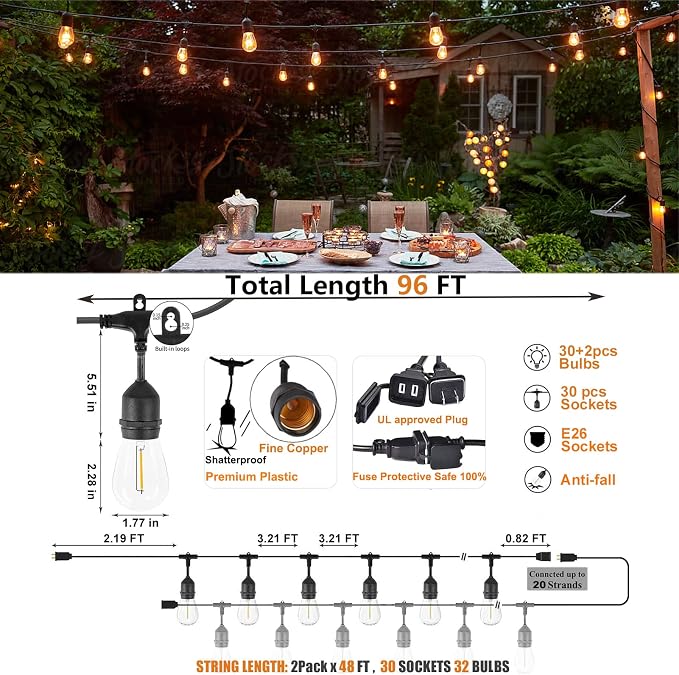 Achin Outdoor String Lights 96FT Waterproof IP65 LED Patio Lights - Image 2