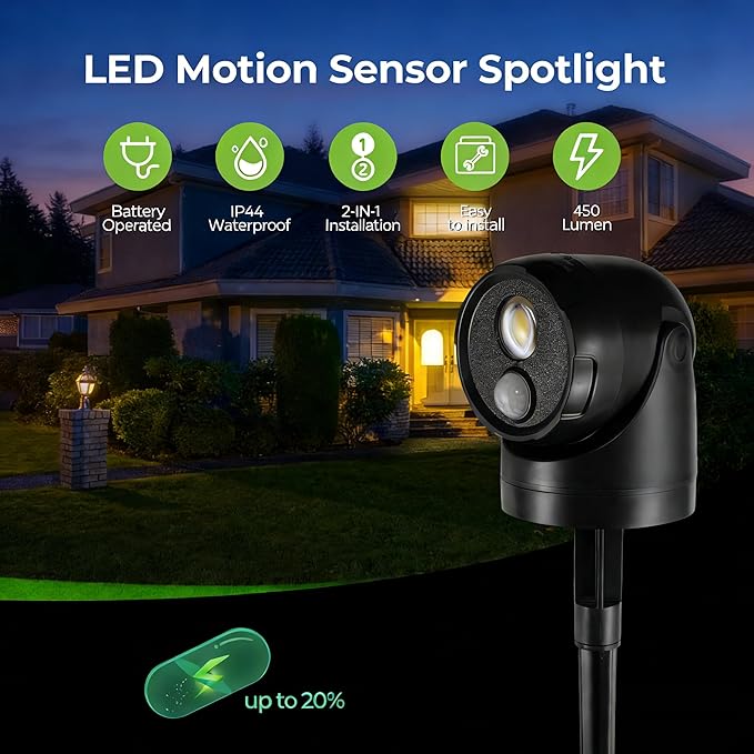 Large 2-in-1 LED Motion Sensor Outdoor Spotlight, IP44 Waterproof 450 Lumen - Image 2