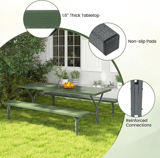 Giantex Picnic Table 6FT for 8 Person, Outdoor Table Set w/ 2 Benches, - Image 9