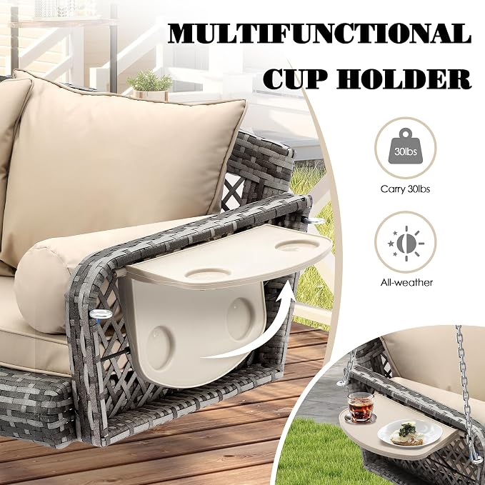 3-Person Hanging Porch Swing, Outdoor Wicker Hanging Swing Chair, 76inch Wicker - Image 5