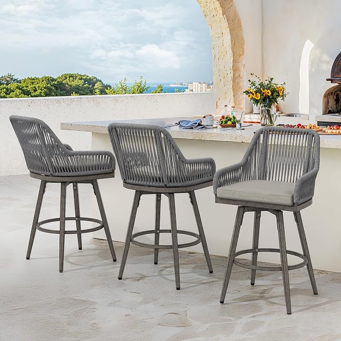 Outdoor Bar Stools Set of 3, 360° Swivel Aluminum Rattan Bar Stool by COZYMAN