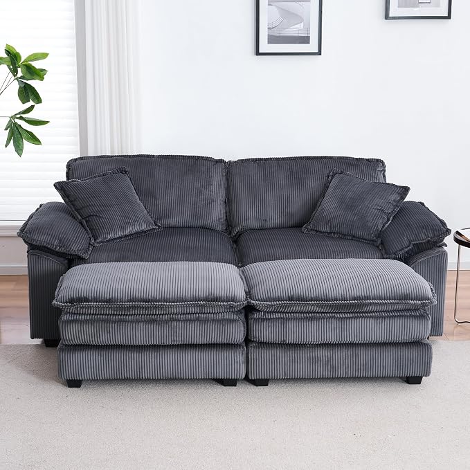 84.6” Corduroy Loveseat with Ottoman, Oversized Double Chaise Lounge Chair - Image 9