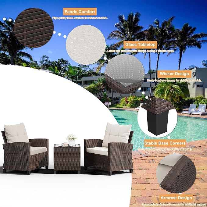 Shintenchi 3 Pieces Patio Furniture Set 3 Pieces PE Rattan Wicker Chairs - Image 5