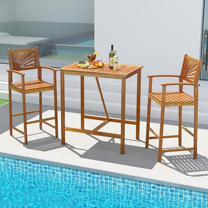 Tangkula 3 Piece Patio Bar Table & Chairs, Outdoor Acacia Wood Bar Set - Image 2