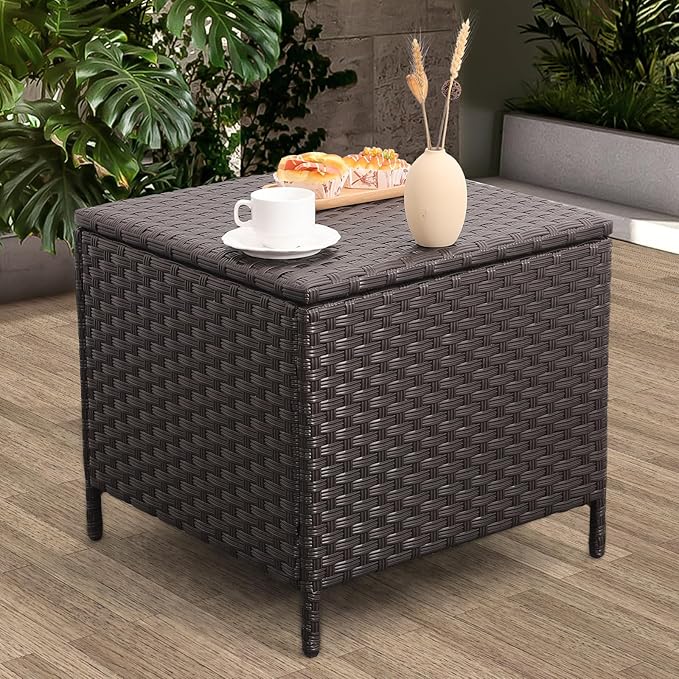 Outdoor Wicker Storage Side Table, Patio Brown PE Rattan End Table by Lvidenoutdoor