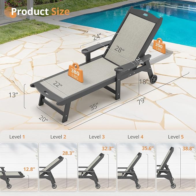 LUE BONA Chaise Lounge Chair Outdoor Set of 2, HDPS and HDPE Wicker Material - Image 2