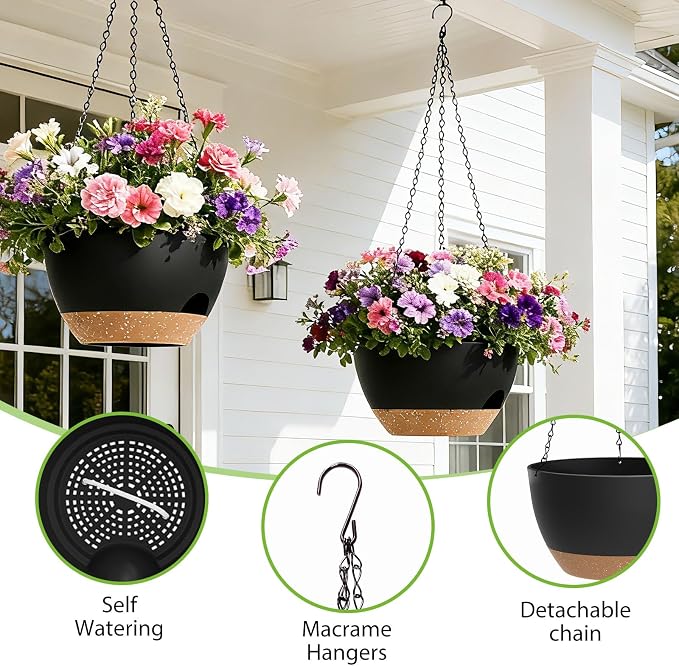 8 Inch Hanging Planters for Indoor Outdoor Plants, 4 Pack Black Brown Plastic - Image 3