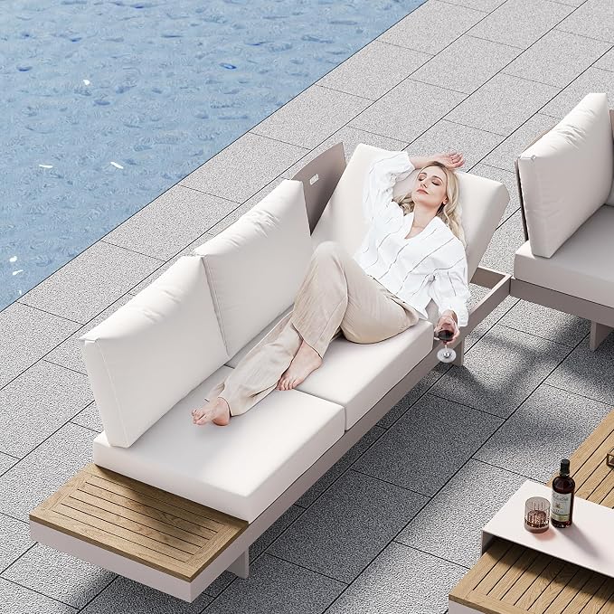 homary 6 Piece Aluminum & Teak Outdoor Sofa Set, Patio Sofa Seat L-Shaped - Image 8