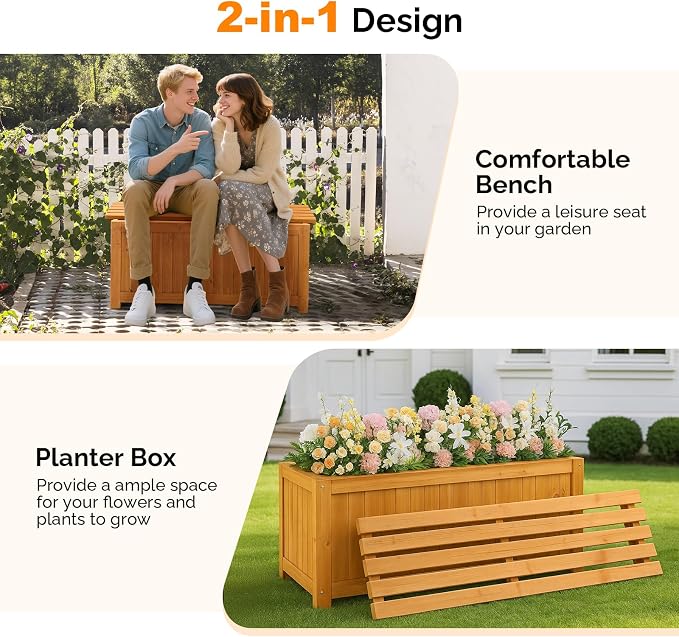 VINGLI Outdoor Wood Bench with Planter Boxes, 2-in-1 All-Weather Porch Bench - Image 7