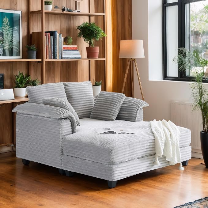 VINGLI 56" Oversized Chaise Lounge Chair, Light Grey Comfy Corduroy Chaise Sofa - Image 9