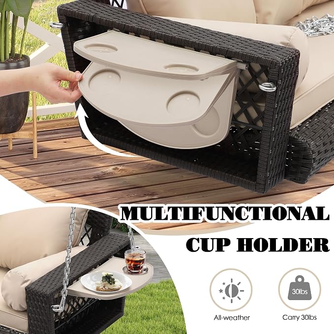 3-Person Hanging Porch Swing, Outdoor Wicker Hanging Swing Chair, 76inch Wicker - Image 4