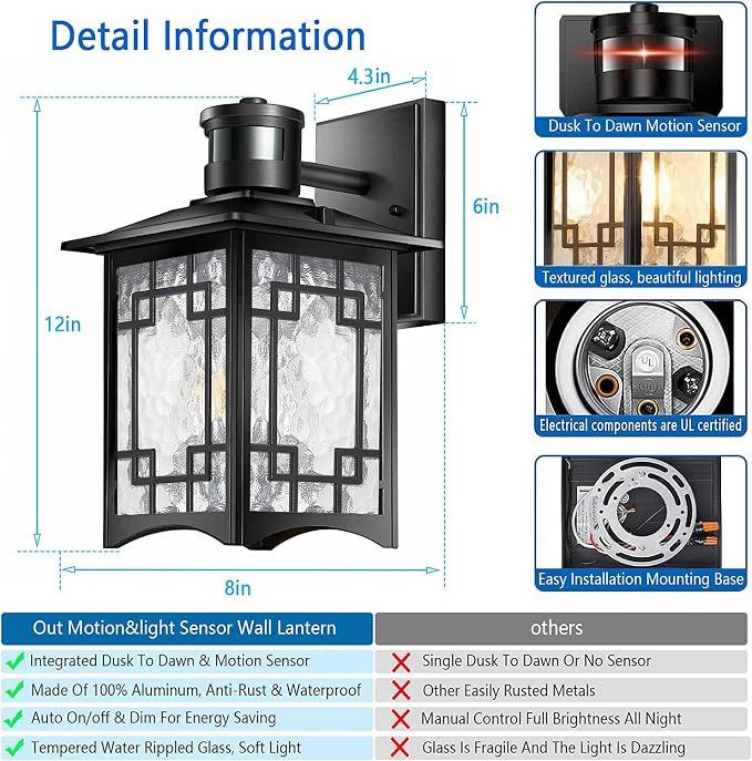 Dusk to Dawn Motion Sensor Light, Outdoor Light Fixture, Aluminum Wall Sconce - Image 4