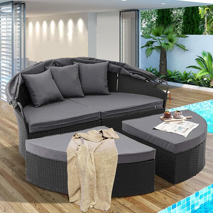 Outdoor Patio Furniture Canopy Daybed Round Sofas, 4 Pieces Seating Separates - Image 6