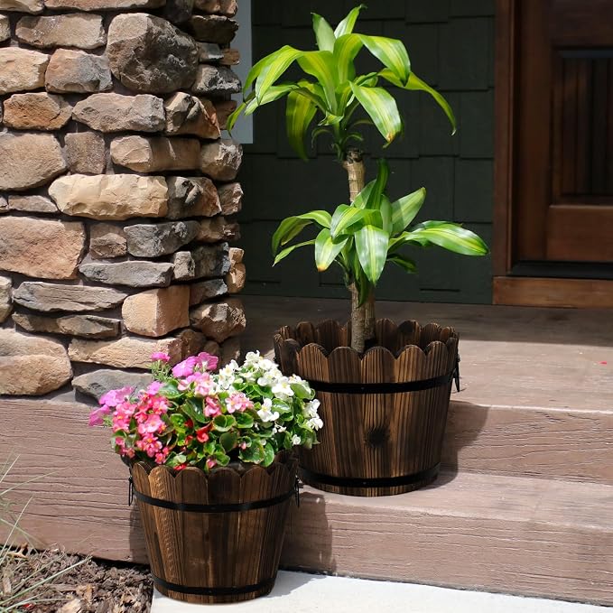 Wooden Barrel Planters Flower Pots - Image 6