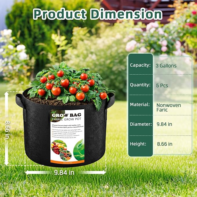 5 Pack 3 Gallon Fabric Grow Bags, Heavy Duty 300G Thickened Aeration Nonwoven - Image 2