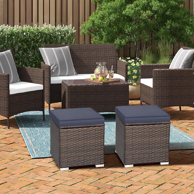 MEDIMALL Patio Wicker Ottoman Set of 2, Rattan Side Table w/Storage, Footstool - Image 8