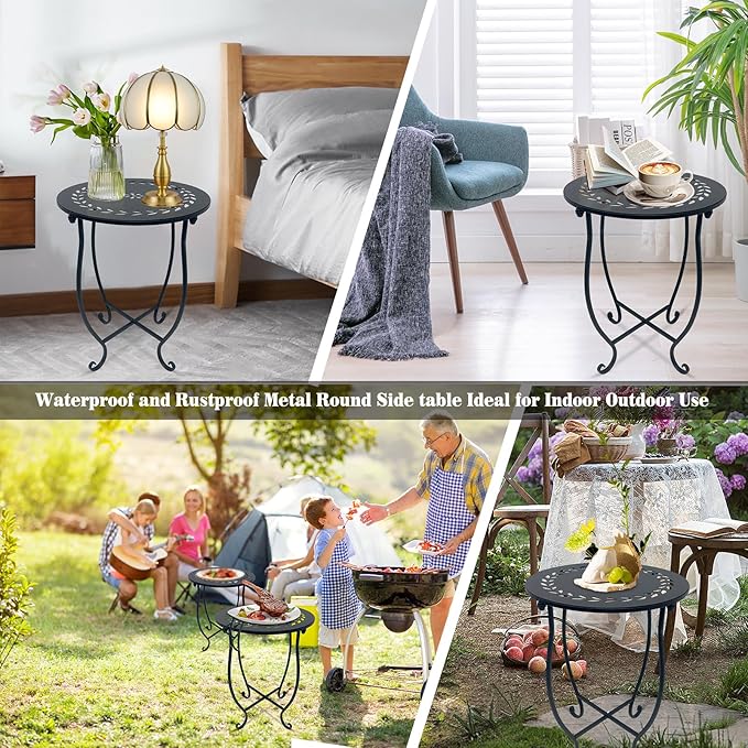 Indoor Outdoor Small Metal Round Side Table, 14 Inch Patio Coffee Bistro Table - Image 4
