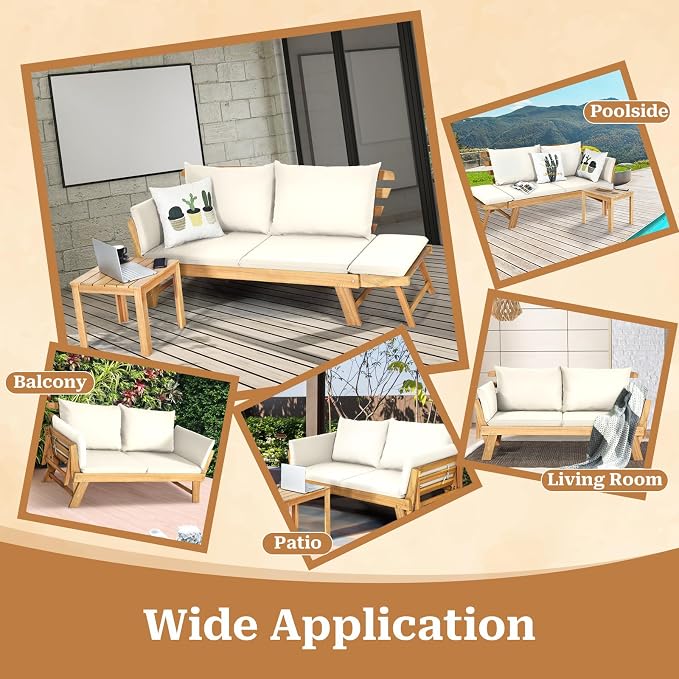 S AFSTAR Patio Convertible Couch Sofa Bed, Acacia Wood Chaise Lounger - Image 8