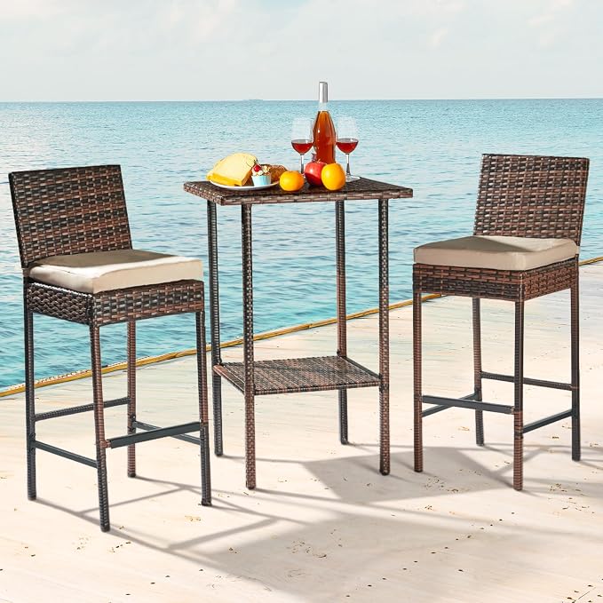 VINGLI Outdoor Wicker Bar Stool Set of 2, Patio Bar Stools w/Cushion, Bar - Image 2