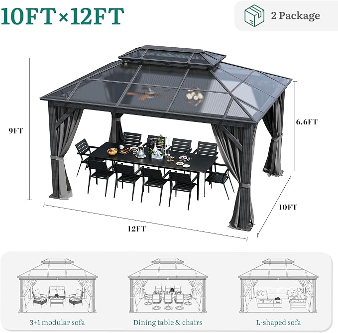 YITAHOME 10X12FT Polycarbonate Gazebo Outdoor Patio Double Top Canopy - Image 7
