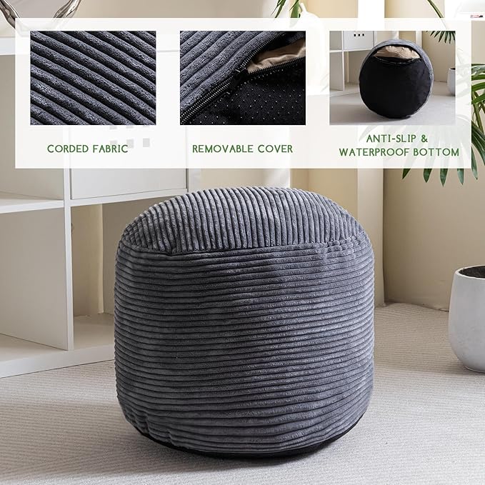 HIGOGOGO Round Stuffed Pouf Ottoman, Corduroy Poufs - Image 3