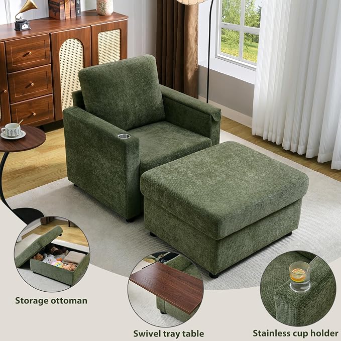 Modern Accent Chairs with Storage Ottoman Set, Chenille Reading Armchair with - Image 3