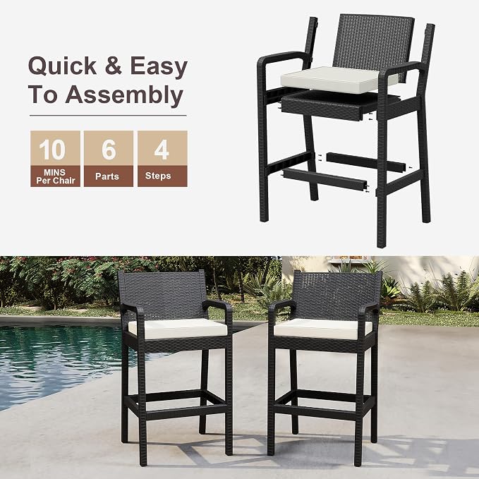 Outdoor Bar Stools Set of 4, Wicker Bar Chair - Image 6