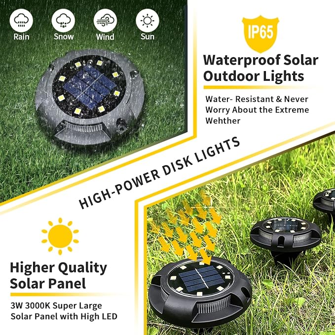 Solar Ground Lights Outdoor Waterproof, 8 Pack 12 LEDs Solar Garden Disk Lights - Image 4