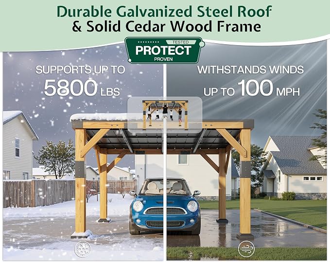 Jocisland 10x12x8 FT Cedar Wood Carport, Heavy Duty Canopy Carport - Image 3