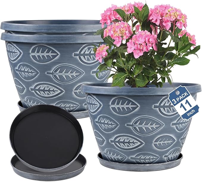 Outdoor Flower Pots for Plants Set of 3 Pack 11 Inch Planter Pot, Large Plastic by Nooulap