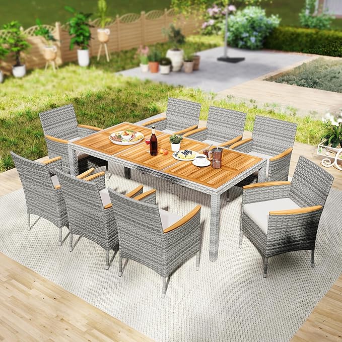 Tangkula 9 Pieces Patio PE Wicker Dining Set, Outdoor Acacia Wood Table and - Image 2