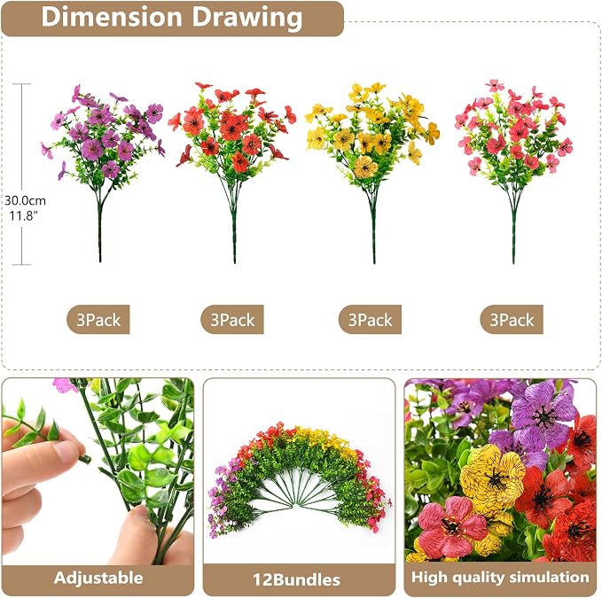 Artificial Flowers Faux Plants Outdoor Fake Flowers Spring Decor, 12 Bundles - Image 2